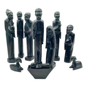 Hand-Carved Dark Wood African Christmas Nativity Set From Angola - 11 Pieces