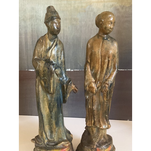Pair of Vintage/Antique Ceramic Asian Scholar Figures on Pedestal Bases Set of 2 For Sale - Image 15 of 18