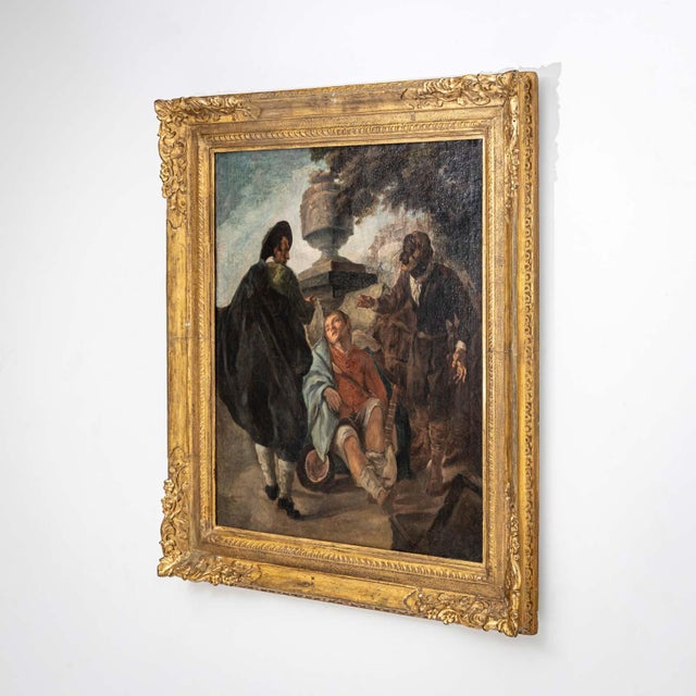 Egidio Dall'oglio, Boy with Lute and Two Fighting Men, 1800s, Oil on Canvas For Sale - Image 4 of 15
