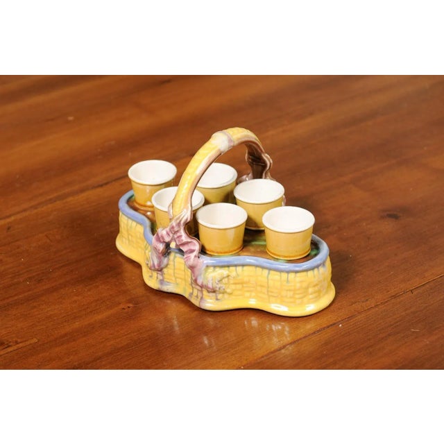 French 19th Century Majolica Porcelain Yellow Glazed Basket with Egg Cups Set- 7 Pieces For Sale - Image 4 of 13