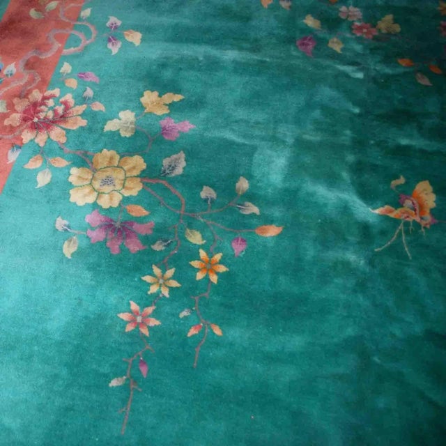 Green 1920s Hand Made Antique Art Deco Chinese Rug 8.10' × 11.7' For Sale - Image 8 of 9
