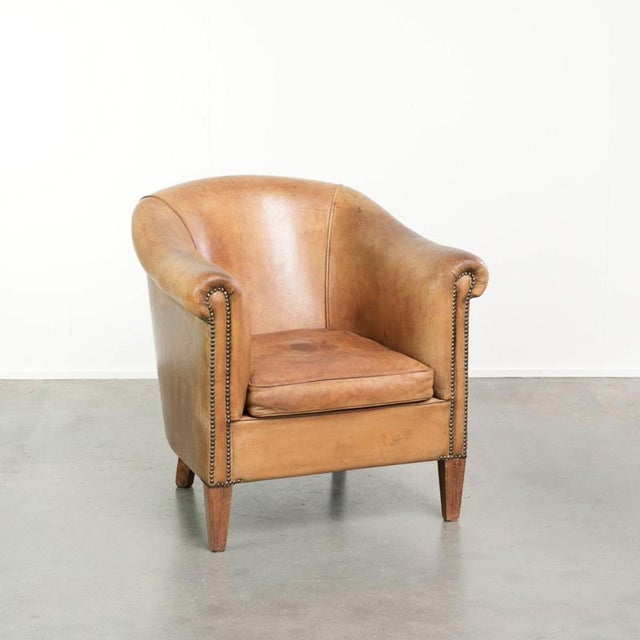Sheepskin Club Armchair Light Cognac with Decorative Nails For Sale - Image 14 of 14