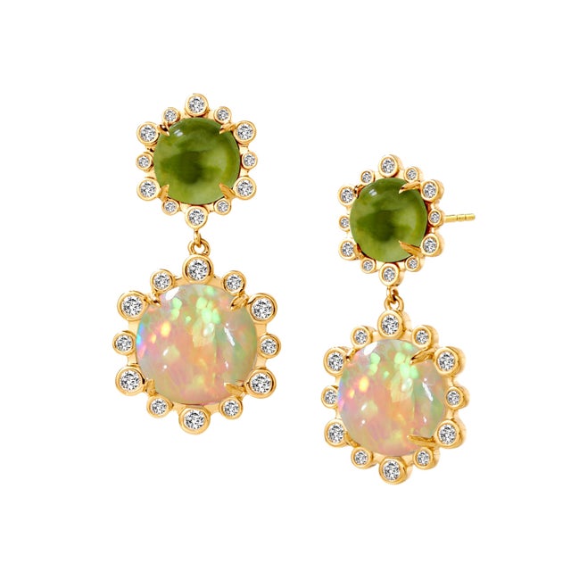 18 karat yellow gold Peridot 5.40carats approx. Ethiopian Opal 6.50carats approx. Diamonds 0.80 carat approx. Post backs...