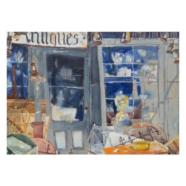 Watercolor of an antiques store titled "Paradox" by Ross Jones (American, 20th century). Signed "Ross Jones" lower right...