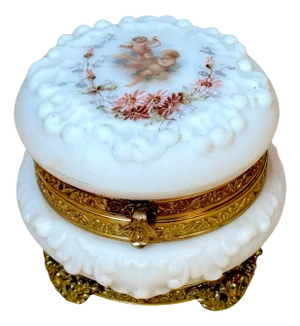 19th Century Signed Wavecrest Opal Glass Putti Motif Table Box