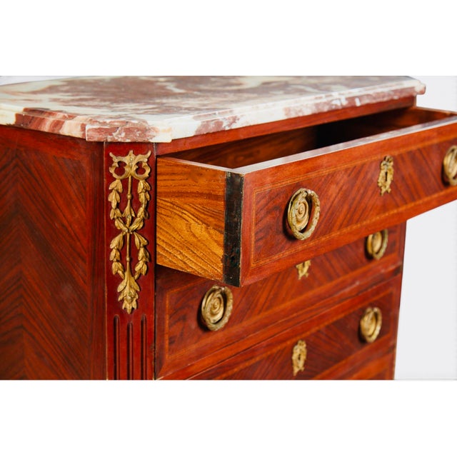 Art Nouveau Pair of 19th Century French Louis XVI Gilt-Bronze & Parquetry Marble-Top Semainiers For Sale - Image 3 of 11
