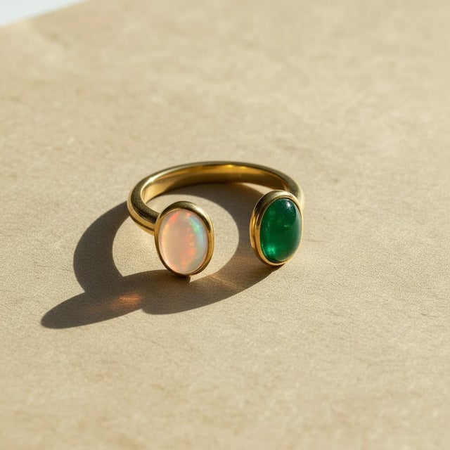 Toi Et Moi Gemstone Ring: Opal and Onyx, Size 7.5 For Sale - Image 4 of 8