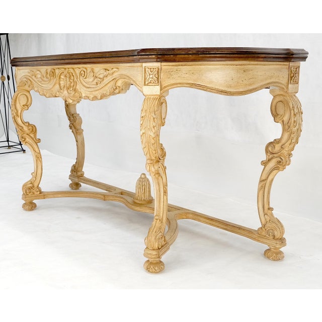 Baker Furniture Company Carved Base Two Tone Burl Walnut Convertible Console Sofa Dining Table For Sale - Image 4 of 12