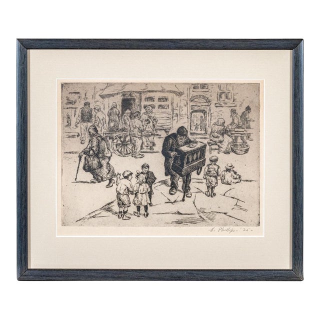 Abraham Phillips Signed Etching Organ Grinder Street Scene 1925 For Sale