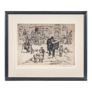 Abraham Phillips Signed Etching Organ Grinder Street Scene 1925