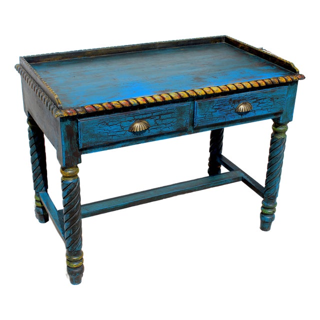 Late 20th Century Spanish Revival Console Table | Hand-Painted Distressed Blue Accent Table | Barley Twist Legs | Two Drawer Sofa Table For Sale