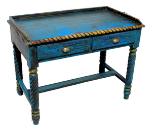 Late 20th Century Spanish Revival Console Table | Hand-Painted Distressed Blue Accent Table | Barley Twist Legs | Two Drawer Sofa Table