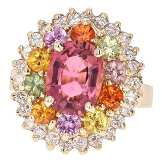 4.53 Carat Tourmaline Sapphire Diamond Yellow Gold Cluster Ring, Size 7 For Sale