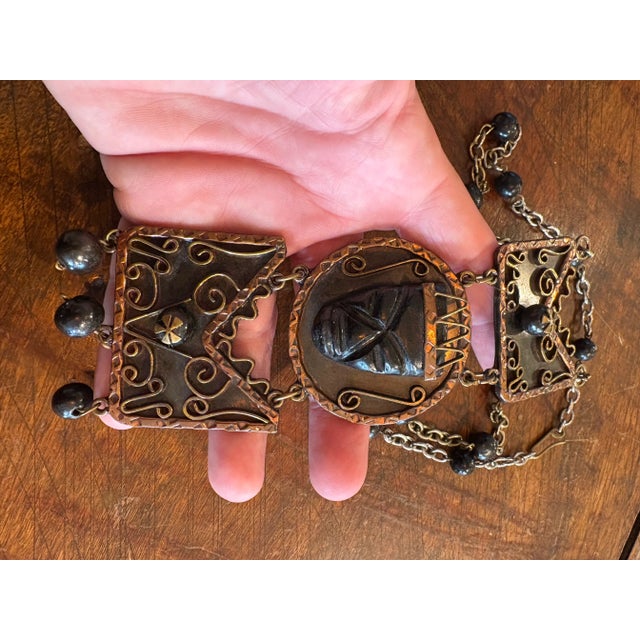 Palm Royal Style Aztec Carved Black Onyx, Brass, and Copper Necklace For Sale - Image 4 of 4