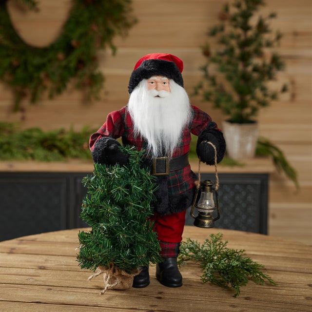 Contemporary Plaid Santa Figurine with Tree and Lantern For Sale - Image 3 of 4