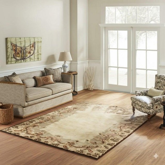 This hand knotted pile rug is crafted from wool and originates from China. The primary color palette features shades of...
