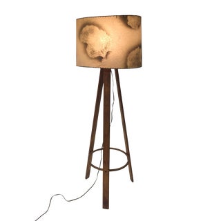 Vintage Mid Century Floor Lamp: Hand-Sewn Lampshade With Tall Custom Wooden Base For Sale
