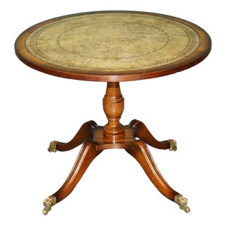 Flamed Hardwood Heritage Green Leather Top & Brass Lions Paw Castor Side Table For Sale