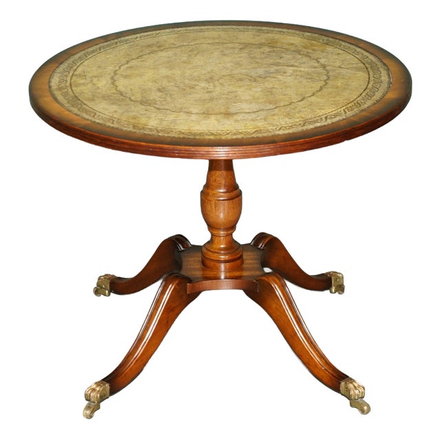 Flamed Hardwood Heritage Green Leather Top & Brass Lions Paw Castor Side Table For Sale