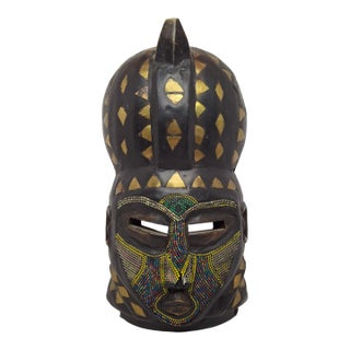Vintage African Marka Mask Mali – Hand-Carved Wood With Brass Inlay & Beadwork For Sale