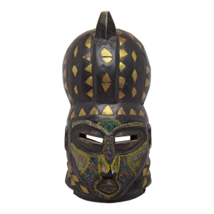 Vintage African Marka Mask Mali – Hand-Carved Wood With Brass Inlay & Beadwork