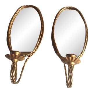 Vintage Gold Metal Rope Mirrored Candle Sconces - a Pair For Sale