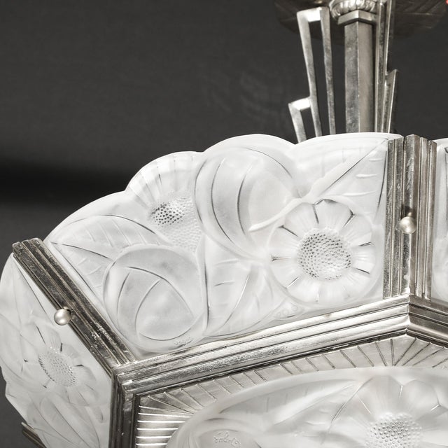 Pair of Art Deco Hexagonal Frosted Glass & Nickeled Bronze Chandeliers by Degue For Sale - Image 9 of 18