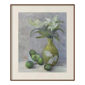 "Lilies and Green Apples" Original Impressionist Flower and Fruits Watercolor on Paper Still Life Painting Art by Anna Novick, Framed