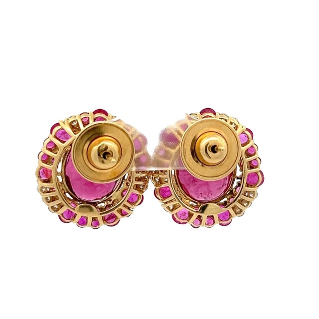 1990s Vintage Italian 18k Gold Pink Tourmaline Ruby Sapphire Diamond Cluster Earrings For Sale - Image 5 of 15