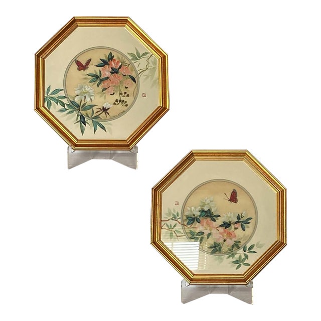 Matched Set of 2 Anton Wang Watercolor on Silk Paintings – Artist Signed and Framed With Chop Mark (Original Vintage Octagon Frames) For Sale