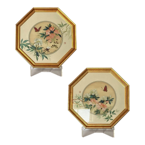 Matched Set of 2 Anton Wang Watercolor on Silk Paintings – Artist Signed and Framed With Chop Mark (Original Vintage Octagon Frames)