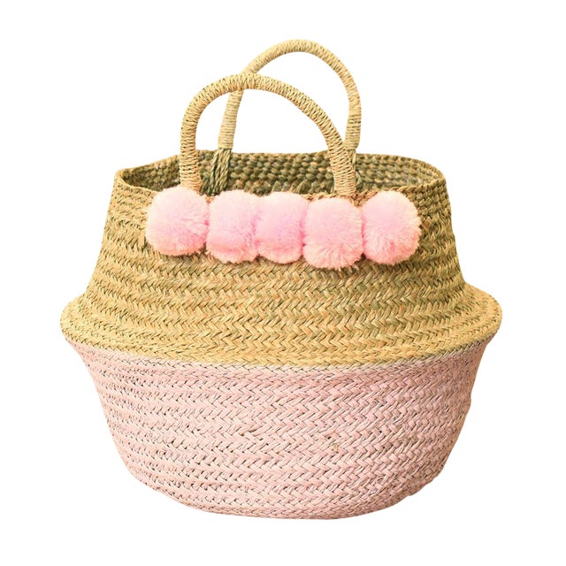 Double Woven Sea Grass Pastel Pink Pom Poms Belly Basket Chairish