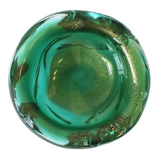 Italian Murano Art Glass Bowl, Organic Modern, Emerald Green Gold, Mid-20th Century, Italy For Sale