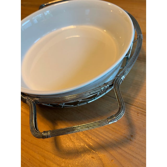 Metal 1970s International Silver Co. Silverplated Wire Basket With 1.25 Qt Round Stoneware Baking Dish For Sale - Image 7 of 8