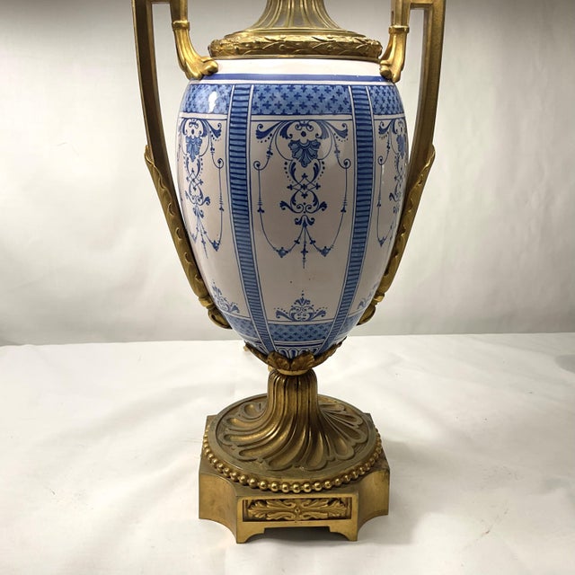 Vintage Gilt Bronze and French Porcelain Lamp Pair With Silk Shades For Sale - Image 10 of 12