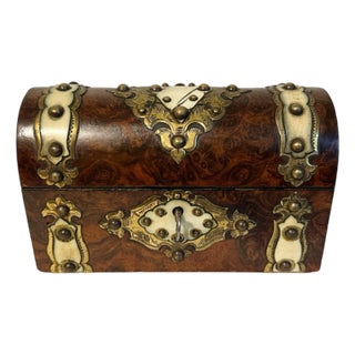 Antique Victorian Domed English Burr Walnut Wood & Bone Tea Caddy Box W/Key For Sale
