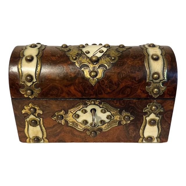 Antique Victorian Domed English Burr Walnut Wood & Bone Tea Caddy Box W/Key For Sale