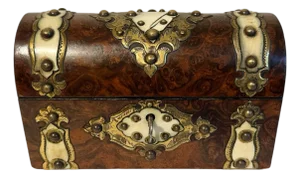 Antique Victorian Domed English Burr Walnut Wood & Bone Tea Caddy Box W/Key