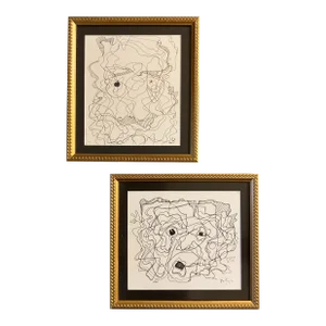 1980s Original 2 Wayne Cunningham Abstract Pen and Ink Drawings Set of 2