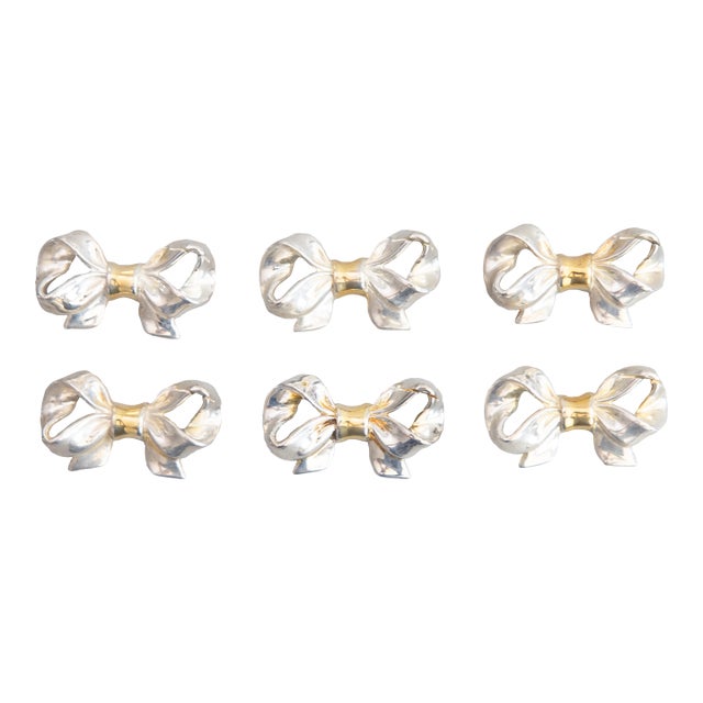 Vintage Boxed Set of French Silver & Gold Bows Place Card Holders - Set of 6 For Sale