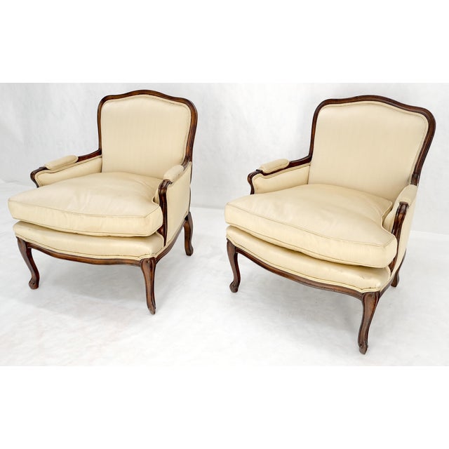 Mid-Century Modern Pair Down Filled Cushions Silk Like Upholstery Carved Legs French Lounge Chairs For Sale - Image 3 of 15