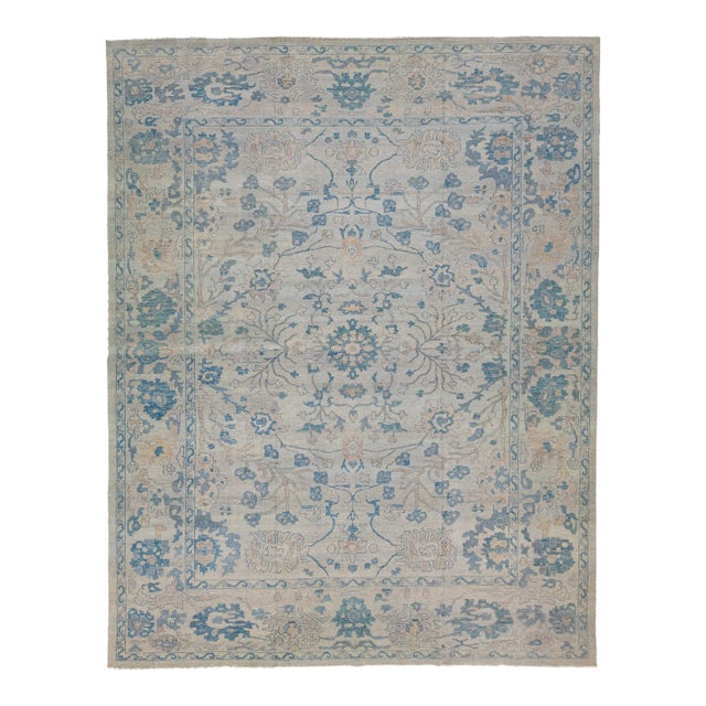 Beige Contemporary Floral Oushak Style Wool Rug For Sale