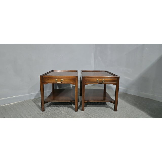 A very nice pair of solid flame mahogany end, lamp tables, tray topped each with a single drawer and undertier, in very...