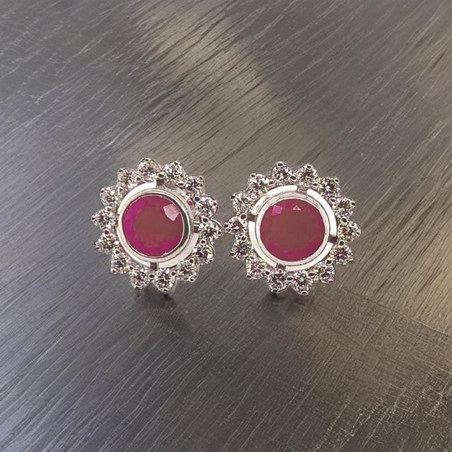 Metal Diamond Ruby Earrings 14k Gold 2.07 TCW Certified For Sale - Image 7 of 16