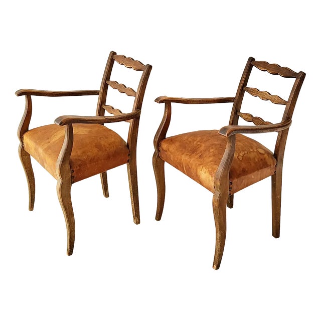 Set of Vintage French Chairs in Leather and Oak, 1950 For Sale