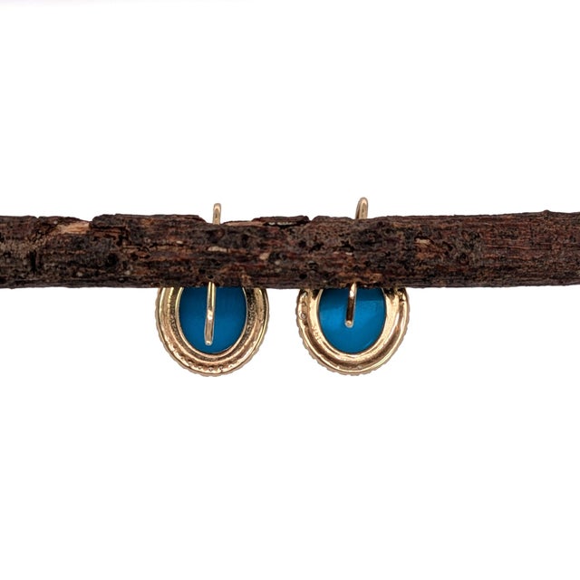 Sleeping Beauty Turquoise Drop Earrings With Diamonds in Solid 14k Gold, Pair For Sale - Image 4 of 5