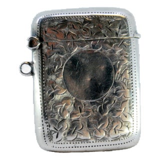 Silver Matchbox with Plant Motifs Surrounding Monogram Card and Hanging Ring For Sale