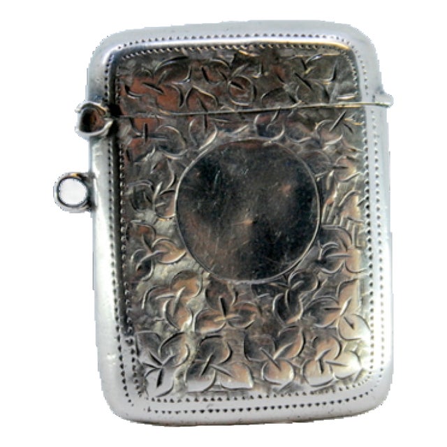 Silver Matchbox with Plant Motifs Surrounding Monogram Card and Hanging Ring For Sale