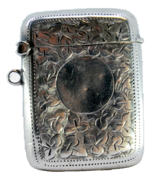 Silver Matchbox with Plant Motifs Surrounding Monogram Card and Hanging Ring