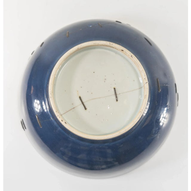 Ceramic 18th Century or Earlier Chinese Ming or Qing Dynasty Blue Glazed Bowl With Staple Repairs For Sale - Image 7 of 12